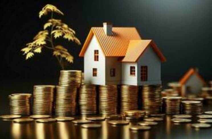 An image of a house on a stack of coins representing real estate investing as a hedge against inflation.